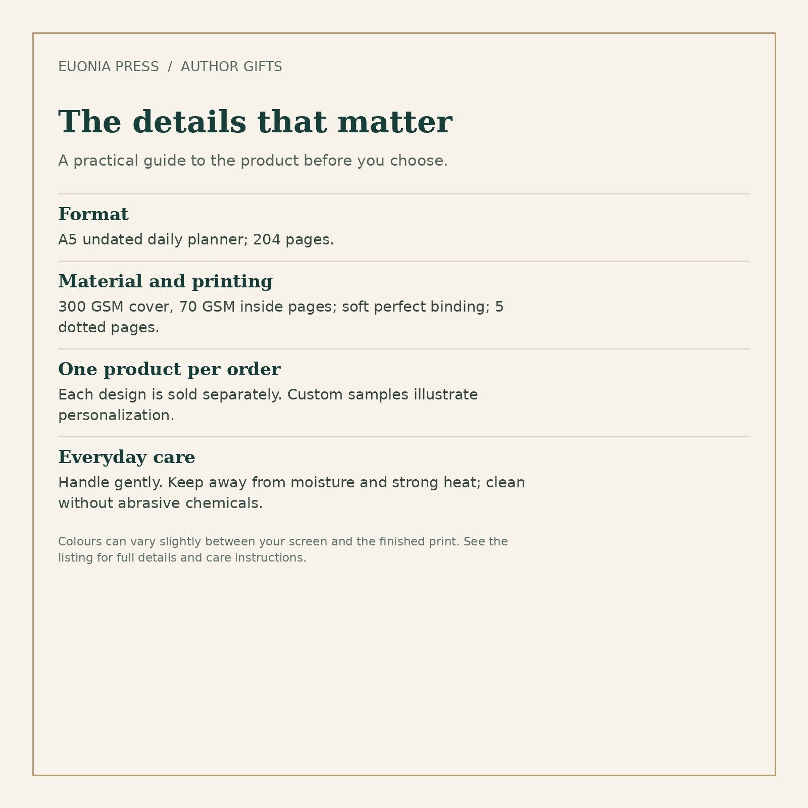 Author Daily Planner — size, materials, printing and care details