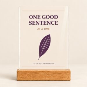One Good Sentence Author Desk Plaque with cream background, plum lettering and quill illustration on a wooden stand.