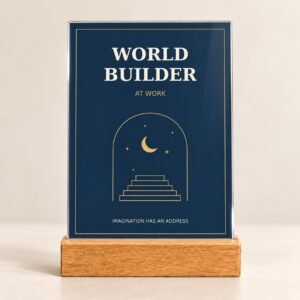 World Builder Author Desk Plaque with moonlit doorway artwork on an acrylic panel and wooden stand.
