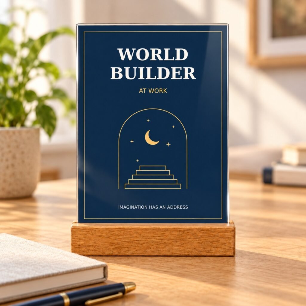 World Builder Author Desk Plaque in navy and gold on a wooden writing desk with a notebook and pen.