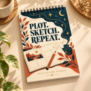 Plot Sketch Repeat Author Sketchbook — terracotta and teal A5 cover