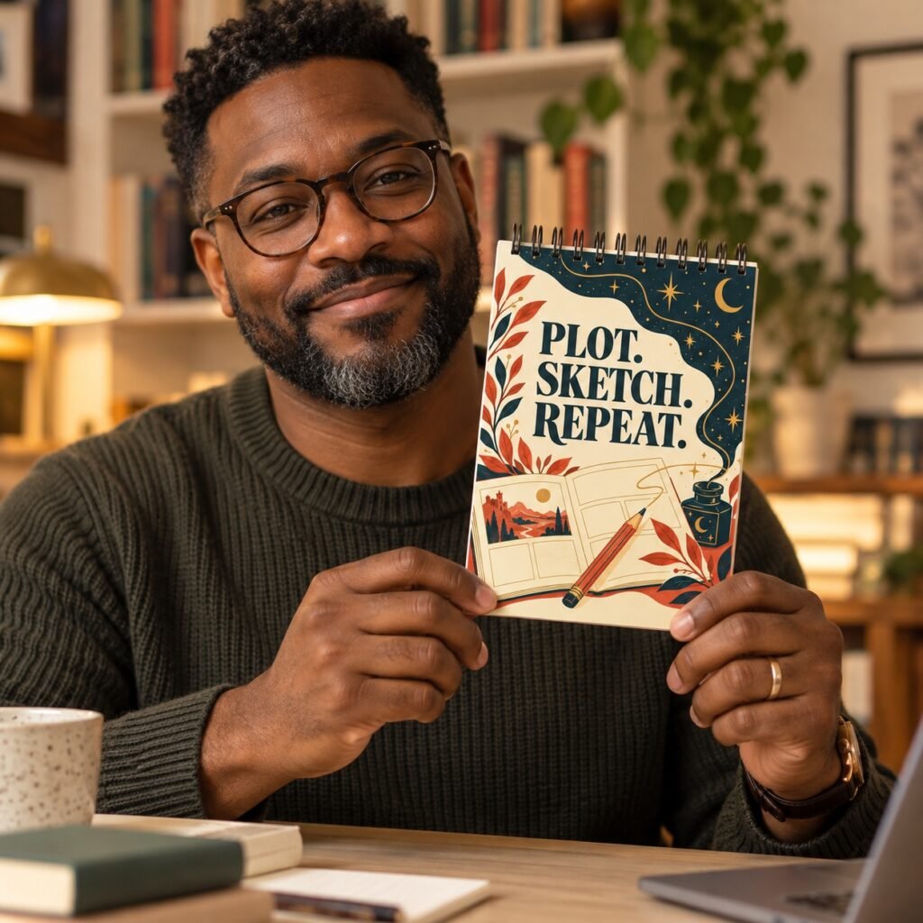 Plot Sketch Repeat Author Sketchbook held by an author