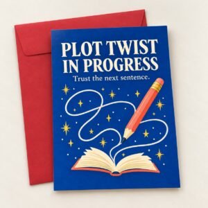 Plot Twist in Progress Author Postcard with coral pencil illustration and envelope