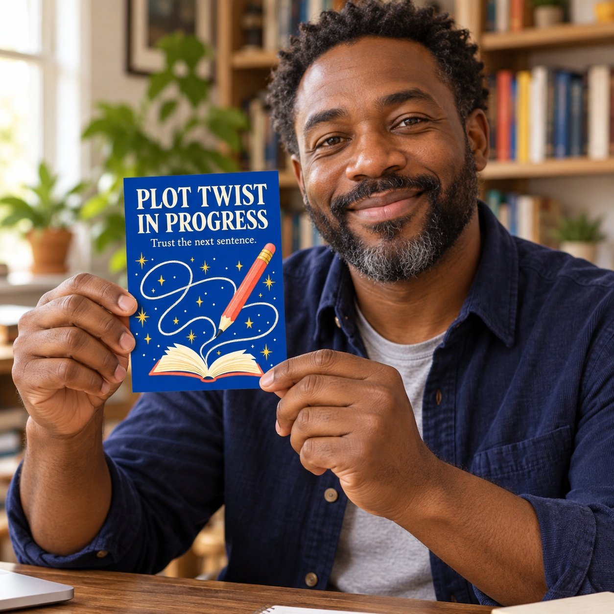 Writer holding the blue Plot Twist in Progress Author Postcard