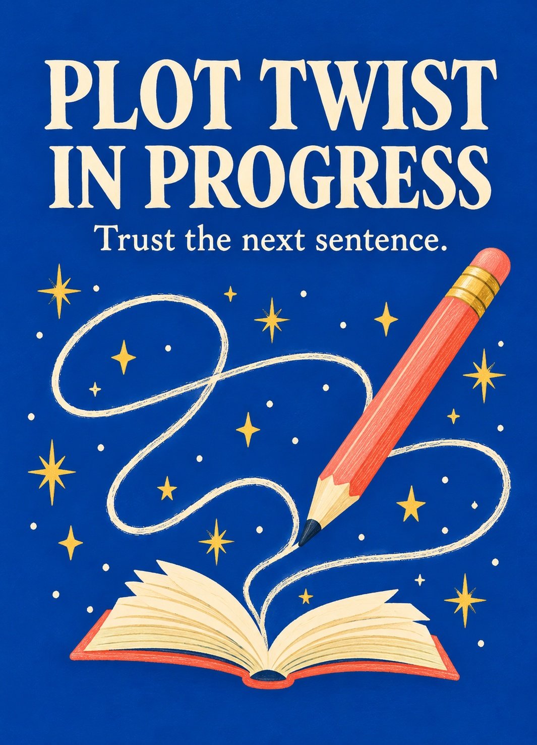 Plot Twist in Progress artwork with pencil, open book and Trust the next sentence wording