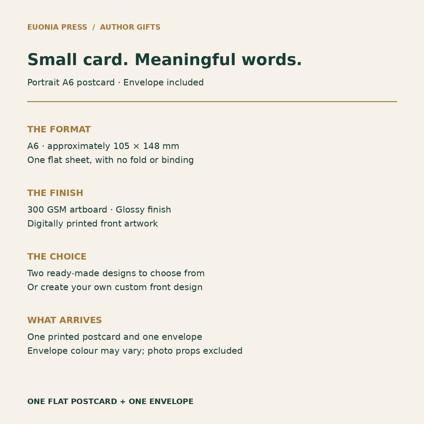 A6 postcard specifications: 300 GSM glossy artboard, front print and envelope included