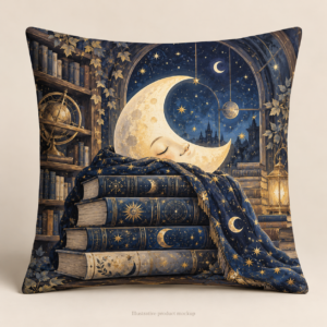 Lunar Library — Sleeping Moon On Books 16 × 16 in Cushion Cover