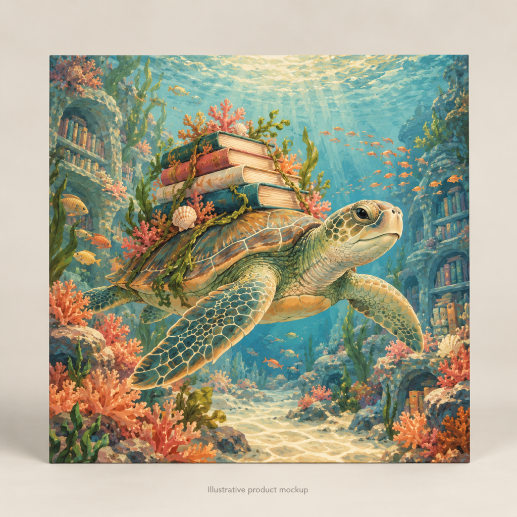 Coral Chapter — Sea Turtle Carrying Books 10 × 10 in Art Poster