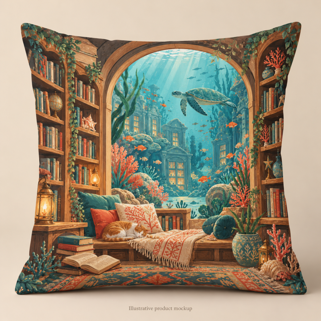 Coral Chapter — Underwater Library Window 16 × 16 in Cushion Cover