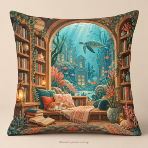 Coral Chapter — Underwater Library Window 16 × 16 in Cushion Cover
