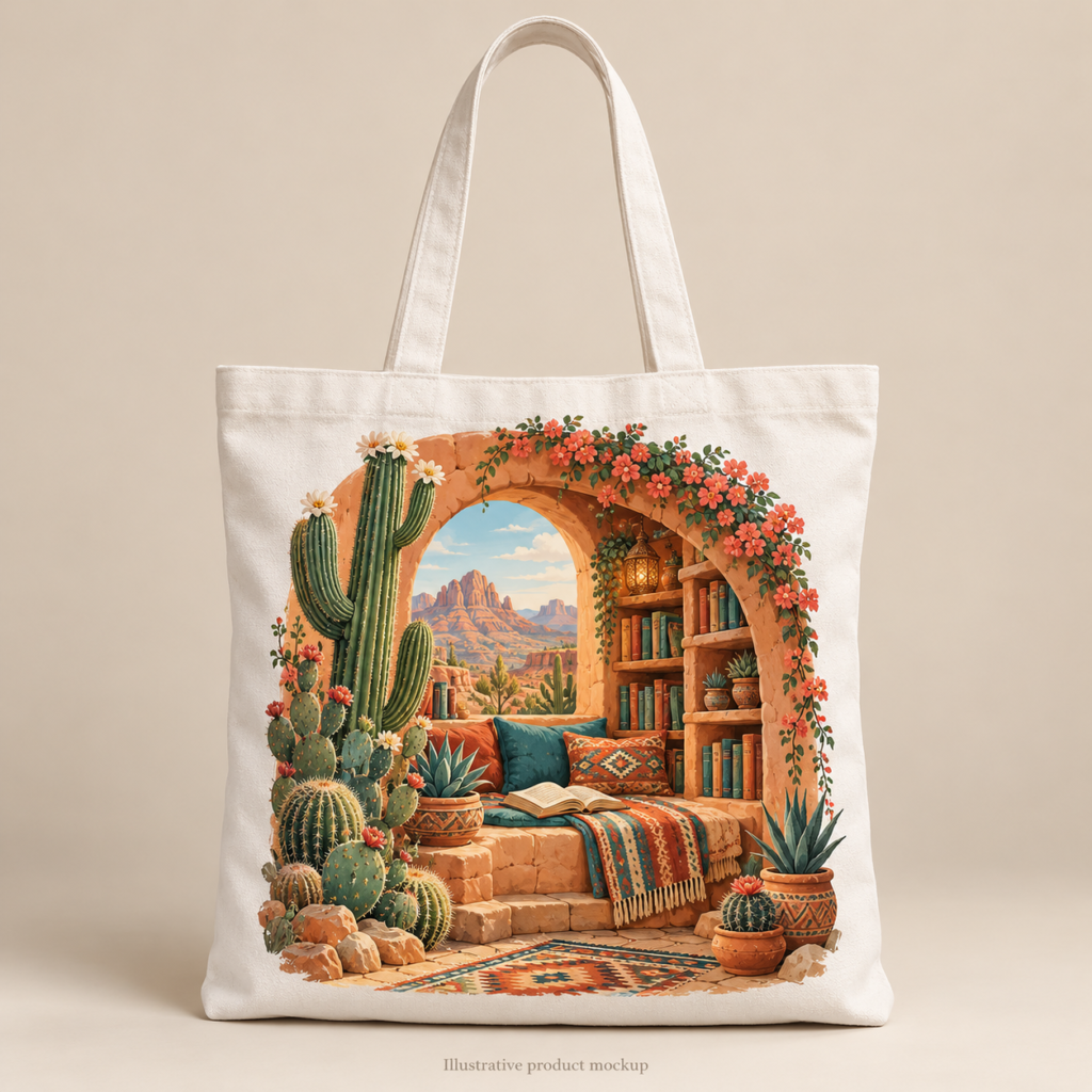 Desert Daydream — Cactus Book Alcove Cotton Book Tote