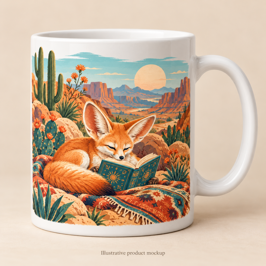 Desert Daydream — Desert Fox With Book 11 oz Coffee Mug