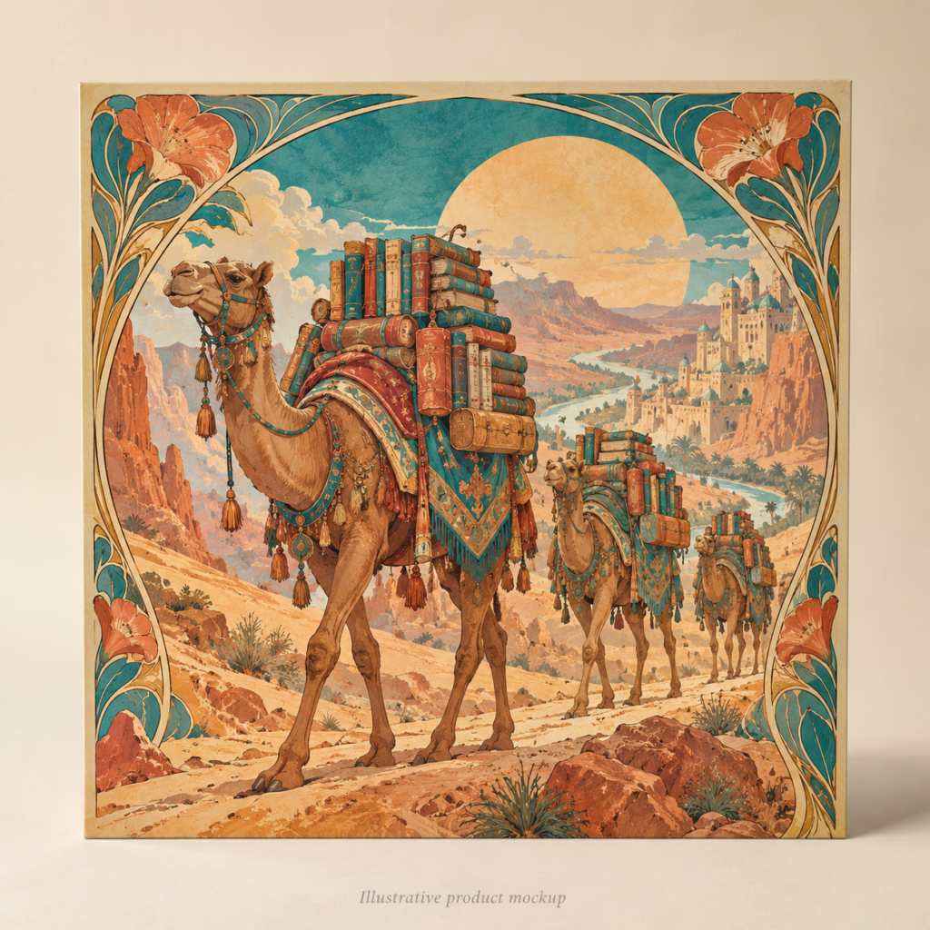Desert Daydream — Camel Book Caravan 10 × 10 in Art Poster