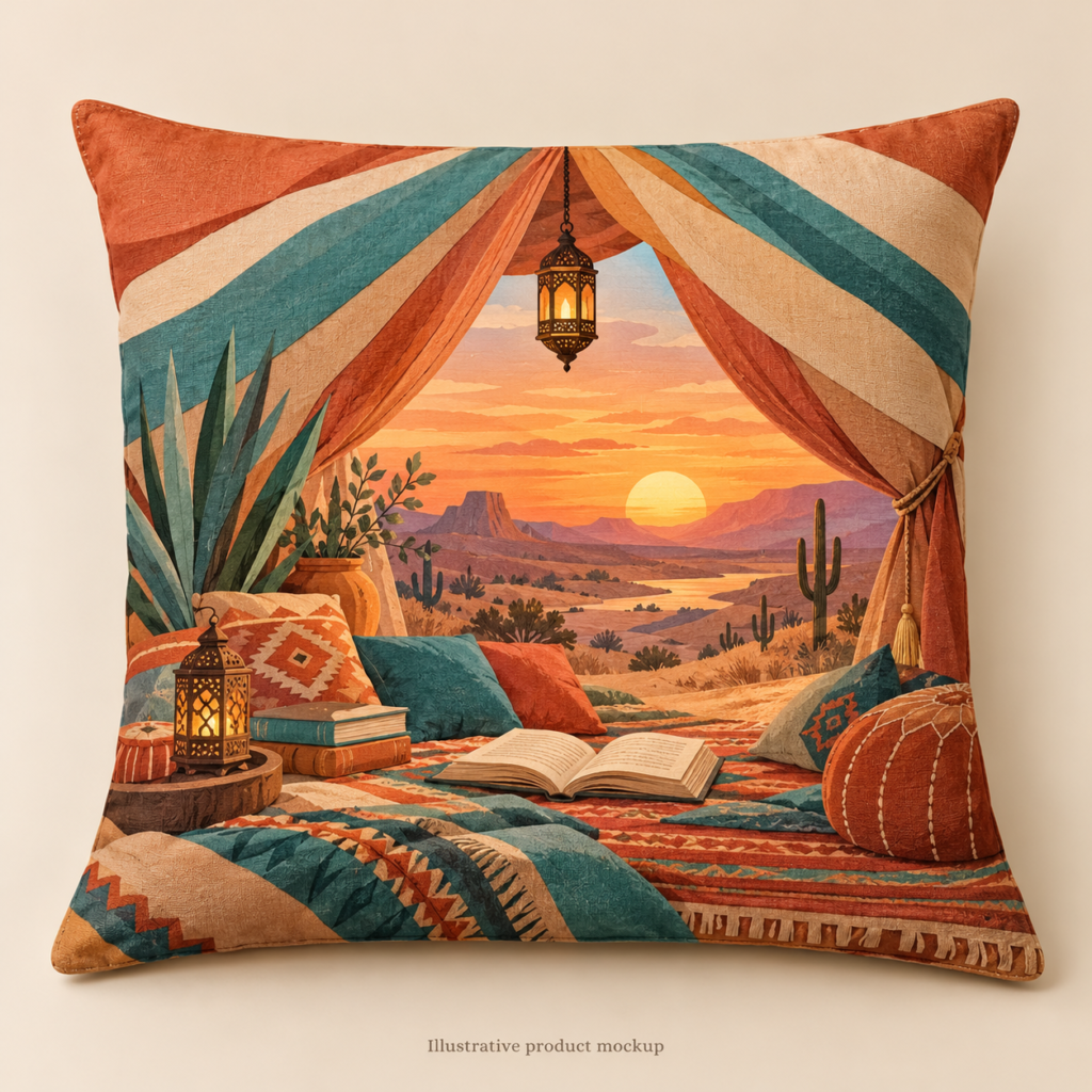 Desert Daydream — Sunset Reading Tent 16 × 16 in Cushion Cover