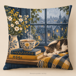 Rainy Window — Teacup On Rainy Sill 16 × 16 in Cushion Cover