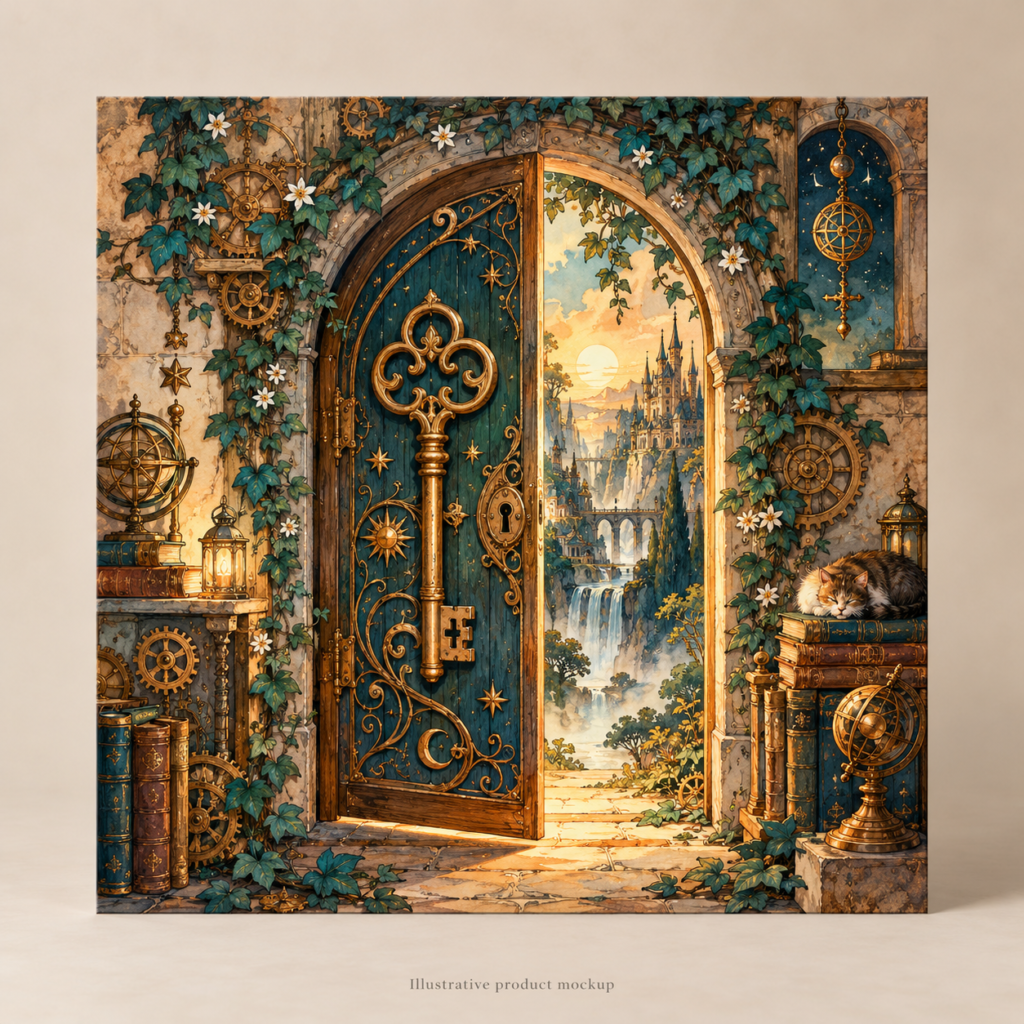 Clockwork Chapters — Brass Key Story Door 10 × 10 in Art Poster