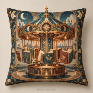 Clockwork Chapters — Clockwork Book Carousel 16 × 16 in Cushion Cover