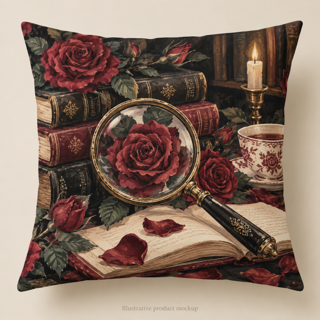 Velvet Mystery — Magnifying Glass Roses 16 × 16 in Cushion Cover