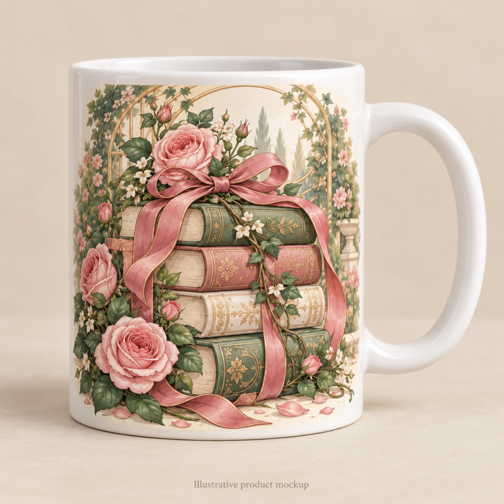 Garden Romance — Ribbon Wrapped Story Stack 11 oz Coffee Mug