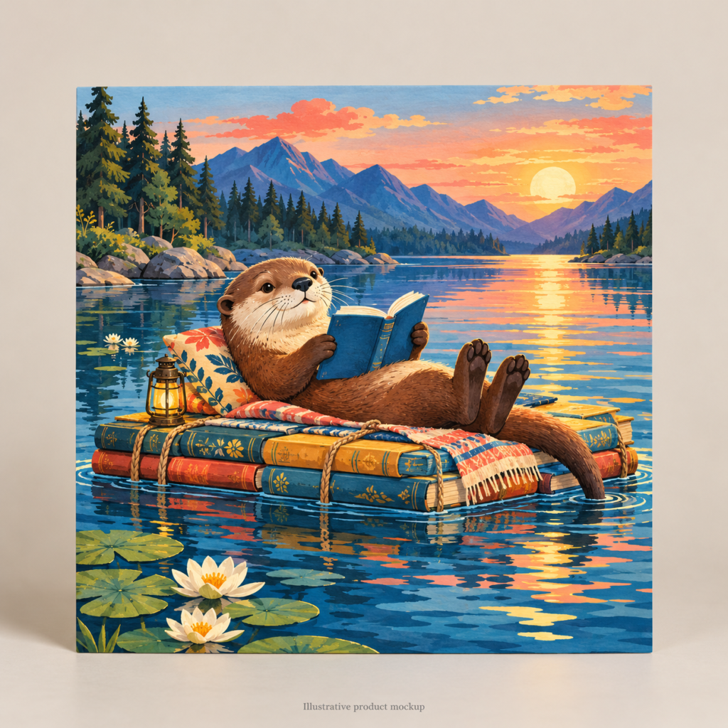 Tiny Brave Readers — Otter Book Raft 10 × 10 in Art Poster