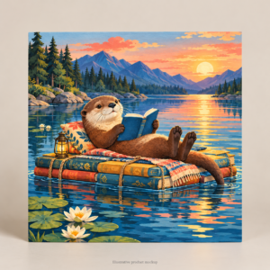Tiny Brave Readers — Otter Book Raft 10 × 10 in Art Poster
