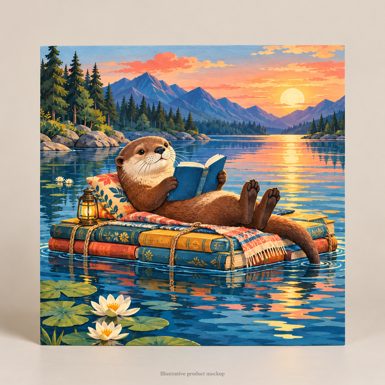Tiny Brave Readers — Otter Book Raft 10 × 10 in Art Poster