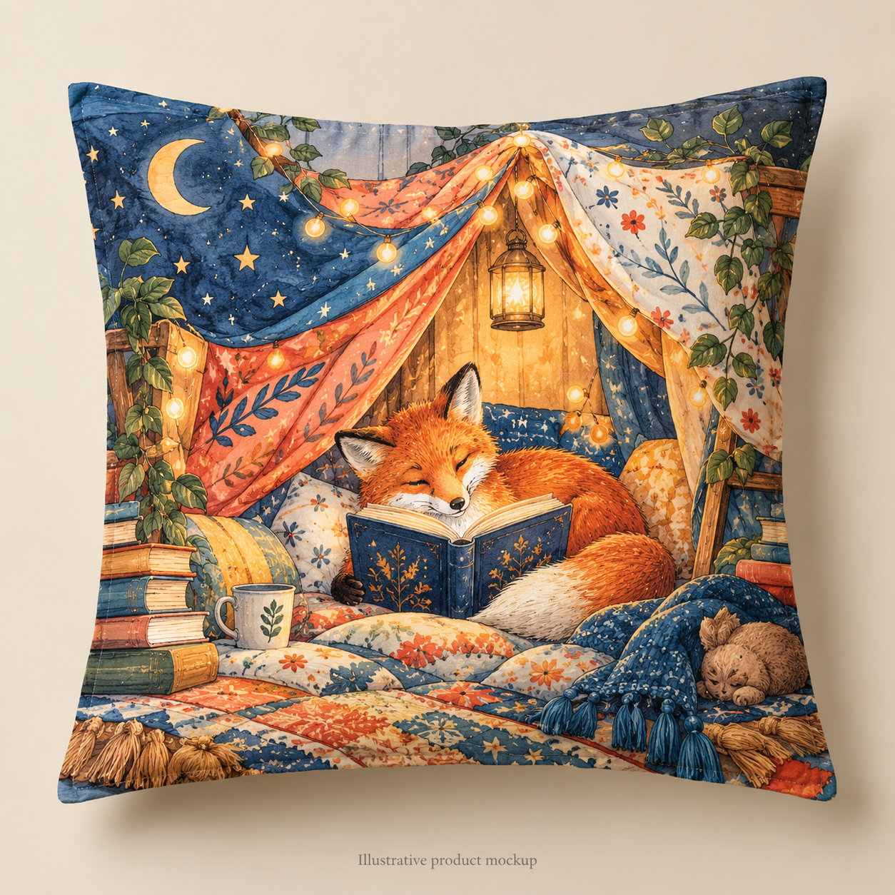 Tiny Brave Readers — Fox Reading Fort 16 × 16 in Cushion Cover