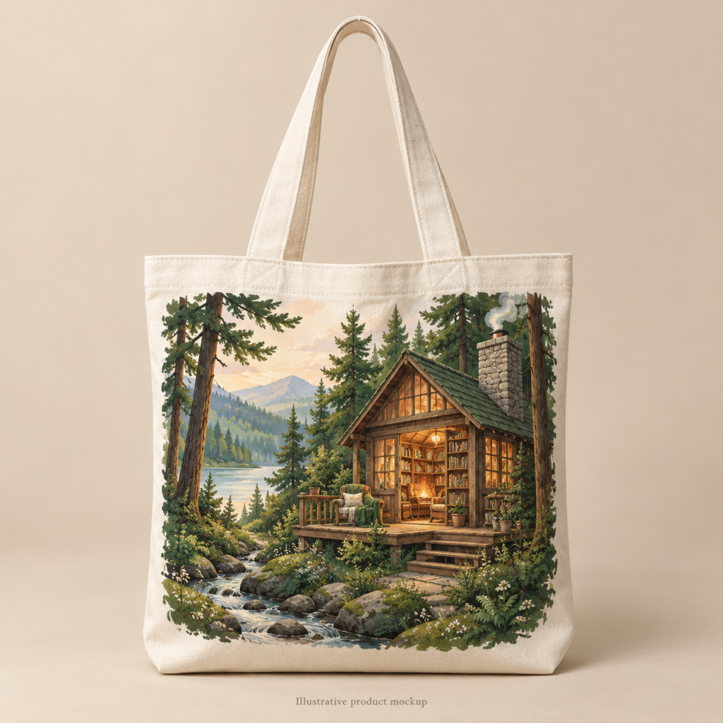 Digital Detox Den — Woodland Reading Cabin Cotton Book Tote