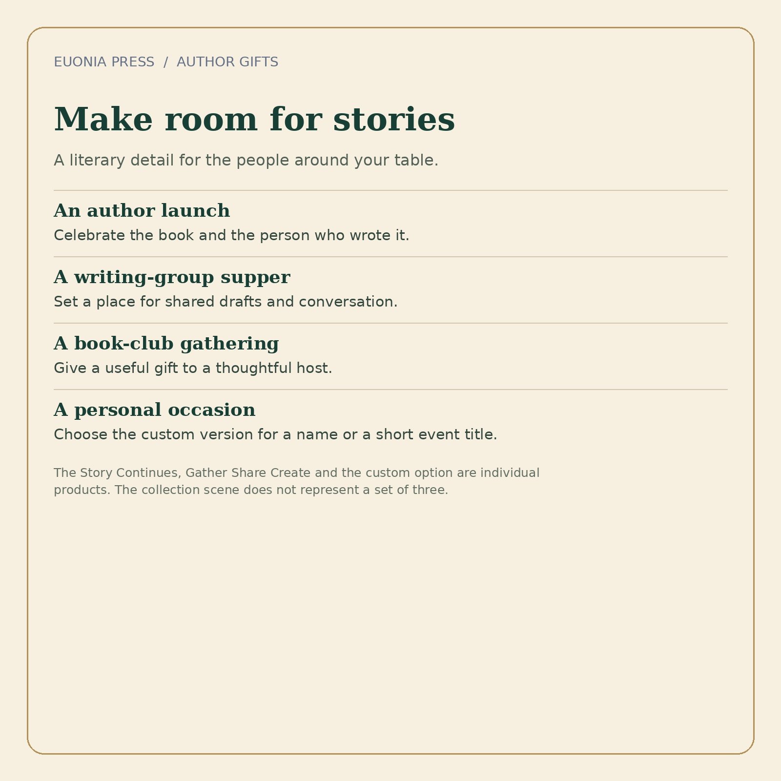 Author table-runner gift ideas for publication dinners, writing groups, book clubs and personal gatherings.
