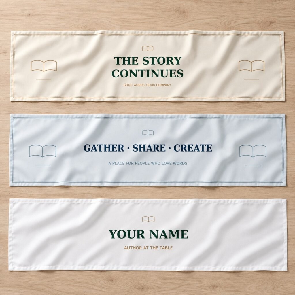 Three separately sold literary table runners showing ivory, pale-blue and custom white designs.