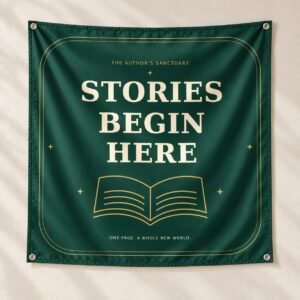 Stories Begin Here Author Tapestry in deep green with cream lettering and an open-book illustration