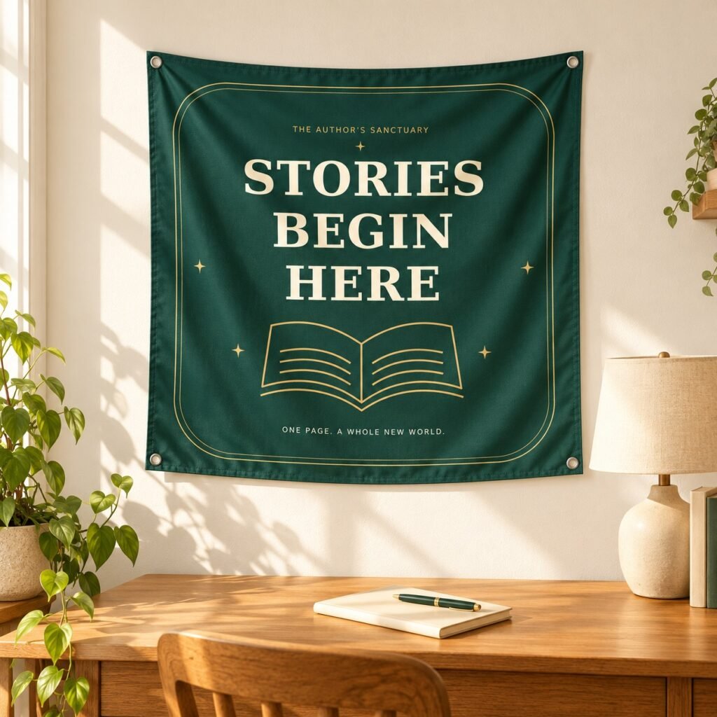 Stories Begin Here tapestry above a compact author writing desk