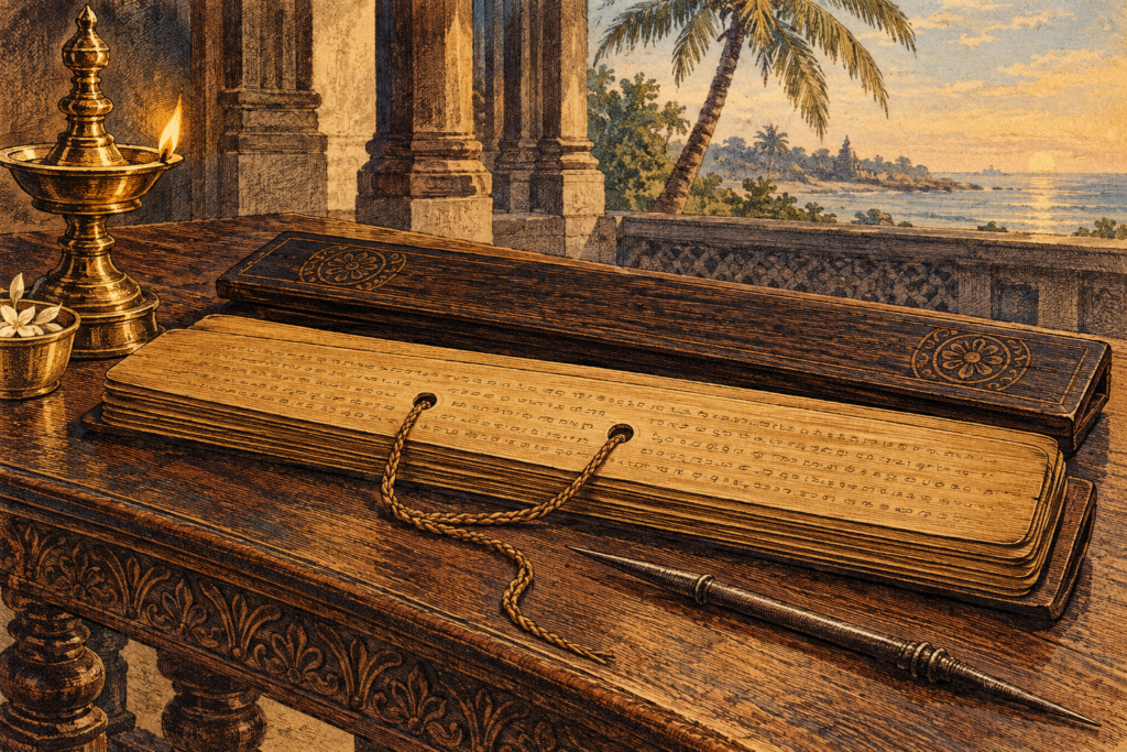 Vintage artistic illustration of palm-leaf manuscript strips, wooden covers, binding cords and an iron stylus