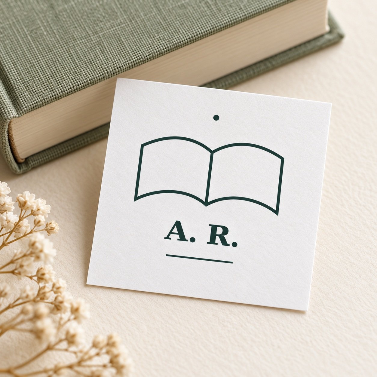 Custom Author Initials Temporary Tattoo example with A. R. and a forest-green open book on a white sheet.