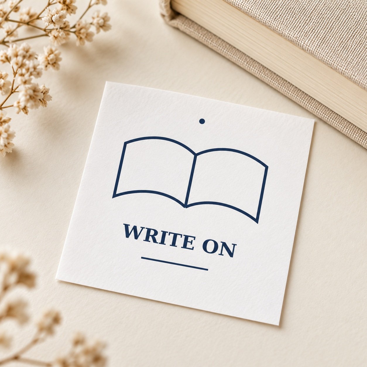 Write On Author Temporary Tattoo with navy lettering and an open-book outline on a white transfer sheet.