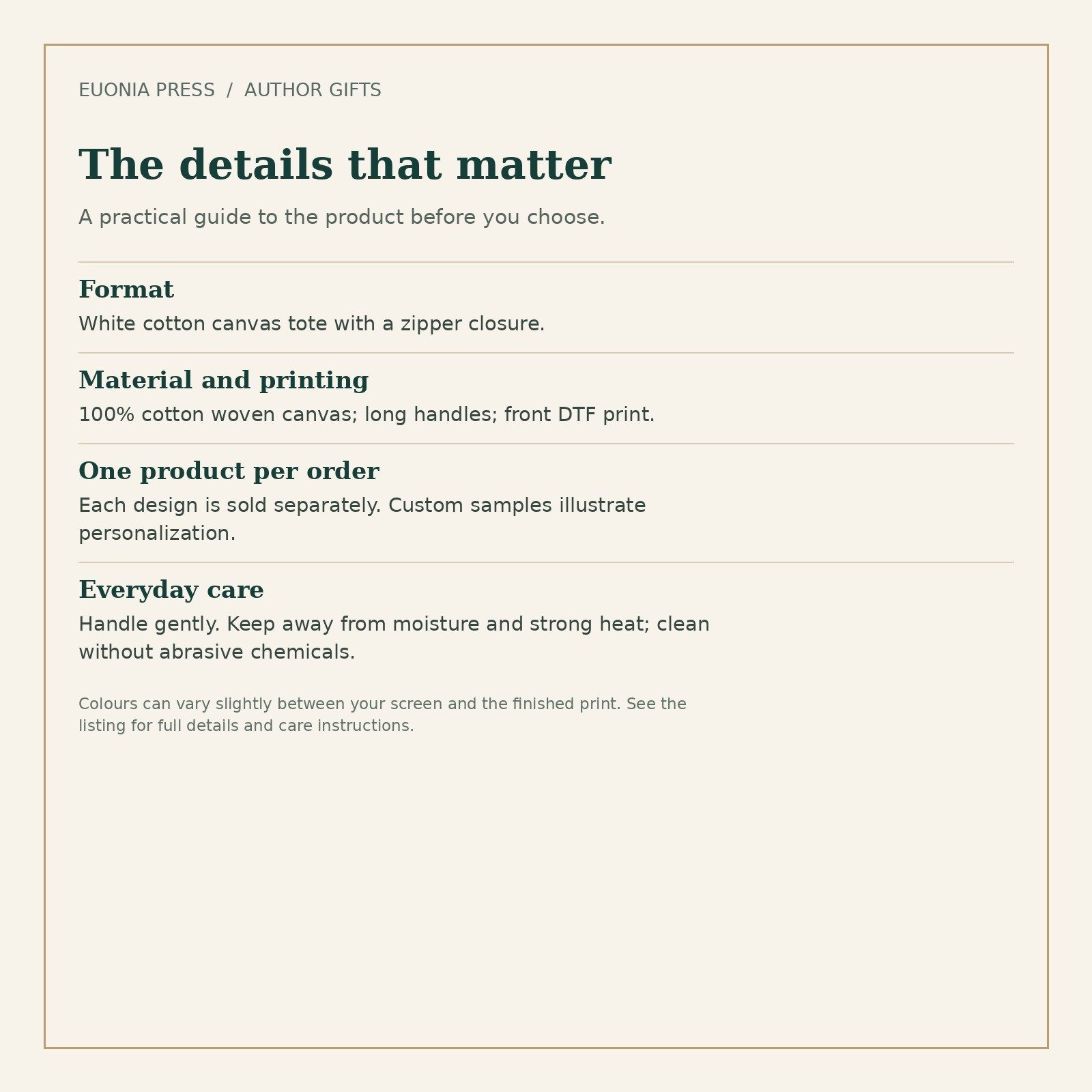 Author Zipper Tote — size, materials, printing and care details