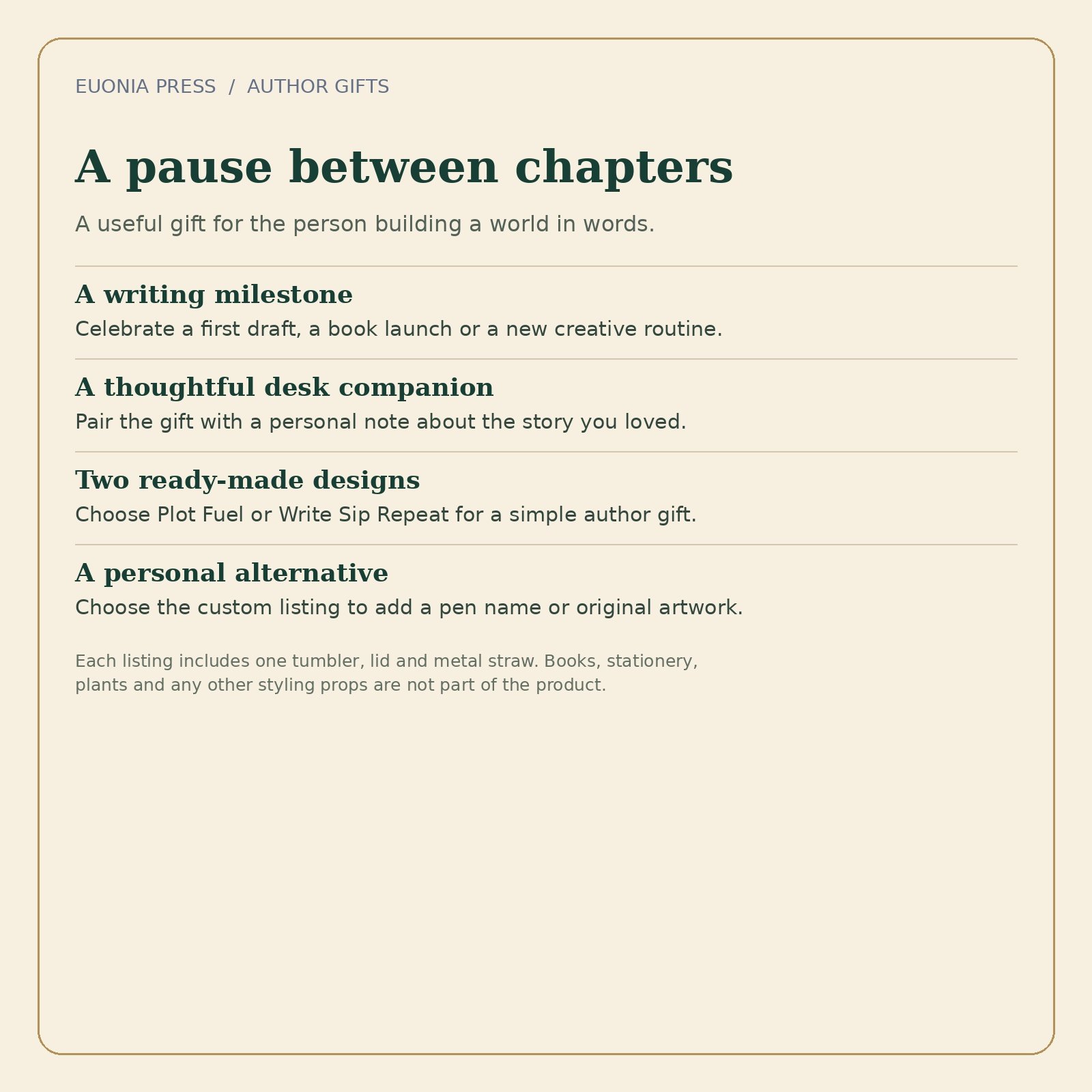 Author tumbler gift ideas for a writing milestone, a writing friend or a personal pen-name design.