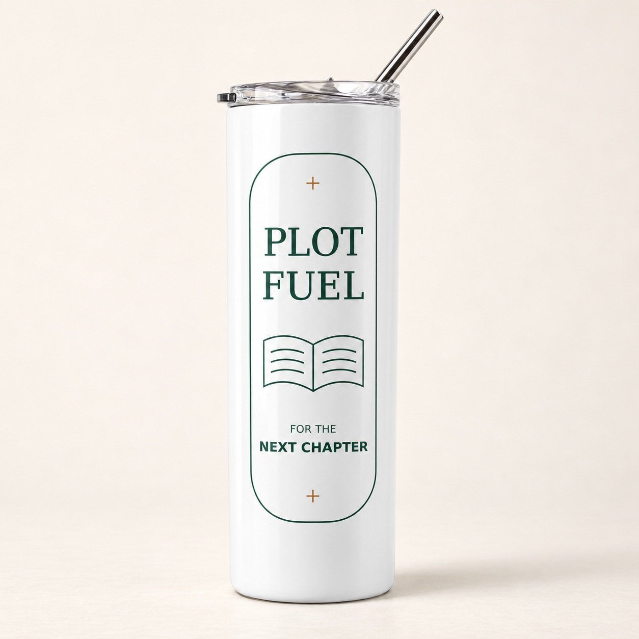 Plot Fuel Author Tumbler with green front-panel lettering, open-book illustration, clear lid and metal straw.