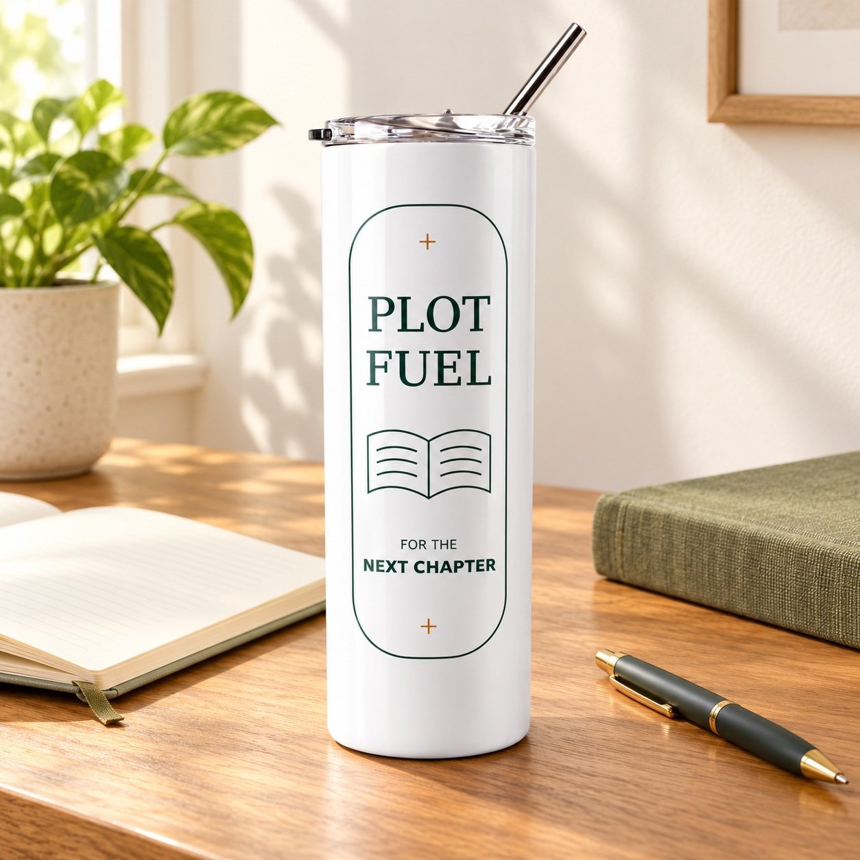 Plot Fuel Author Tumbler with green literary artwork beside a notebook and pen on a warm wooden desk.