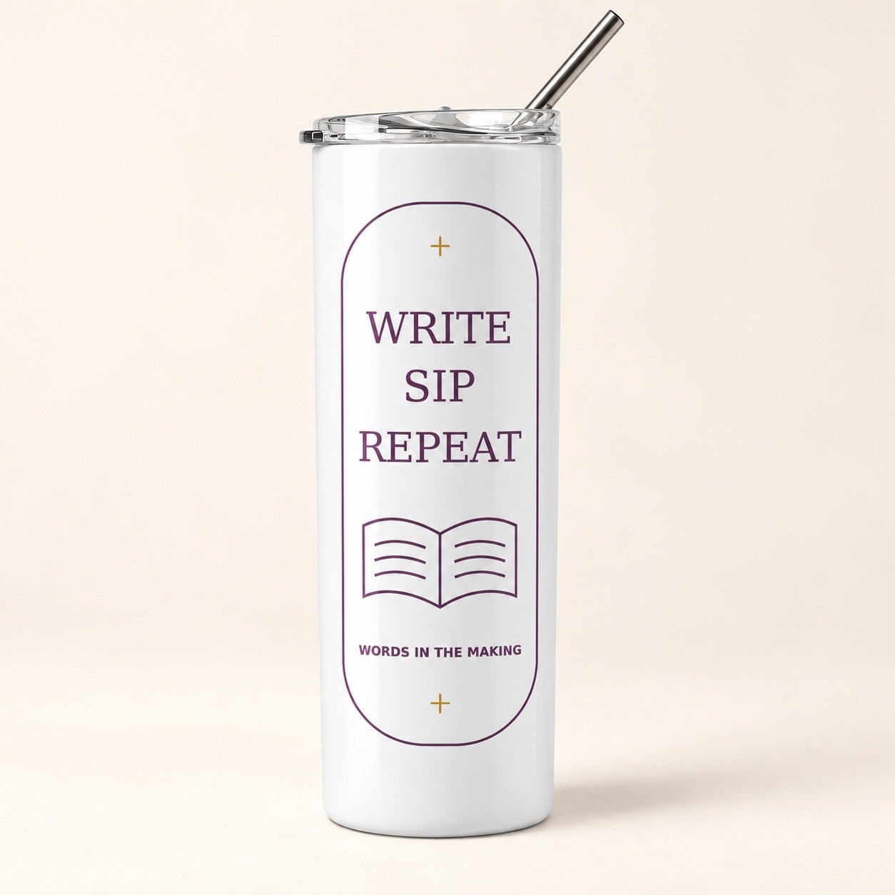 Write Sip Repeat Author Tumbler in white stainless steel with plum lettering, book motif, clear lid and metal straw.