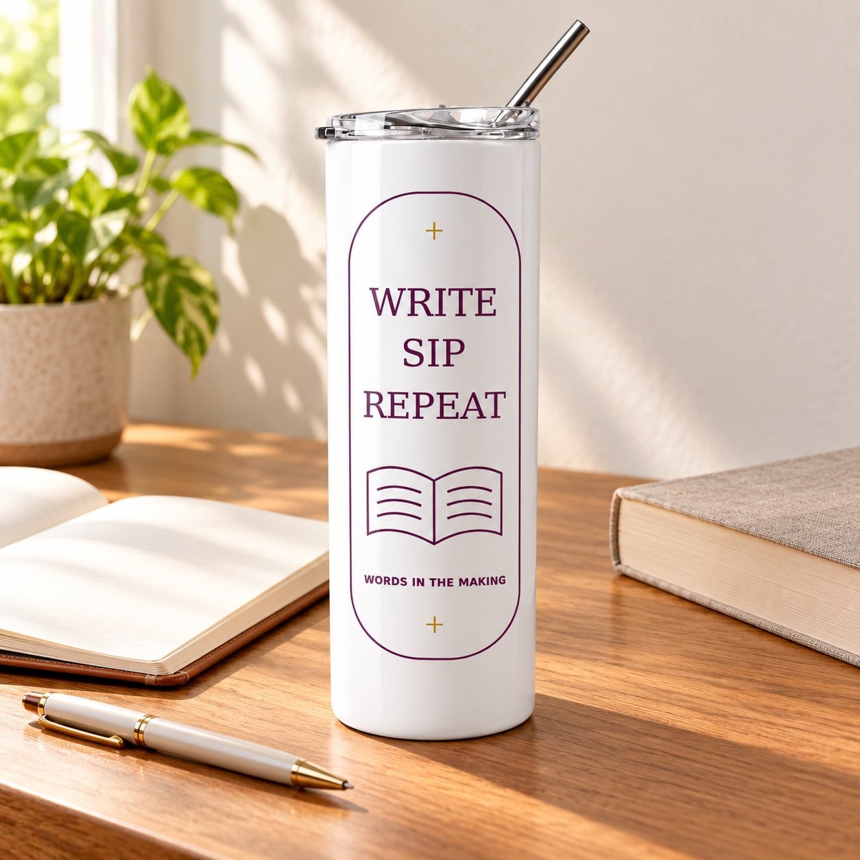 Write Sip Repeat Author Tumbler with plum book artwork on a writing desk beside a notebook and pen.