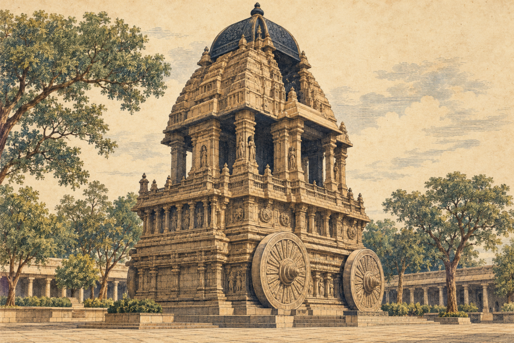 Vintage illustrated interpretation of the monumental stone chariot at Valluvar Kottam, Chennai