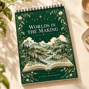 Worlds in the Making Author Sketchbook — green illustrated A5 front cover