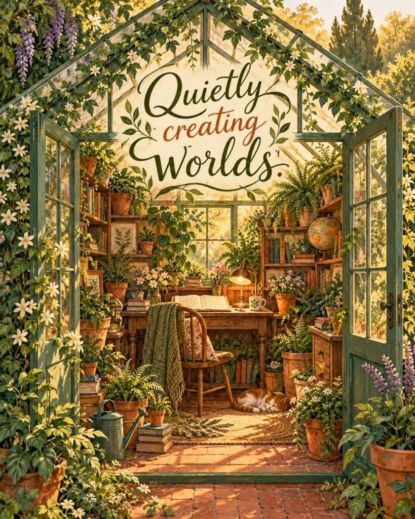 Quietly Creating Worlds Writer Postcard