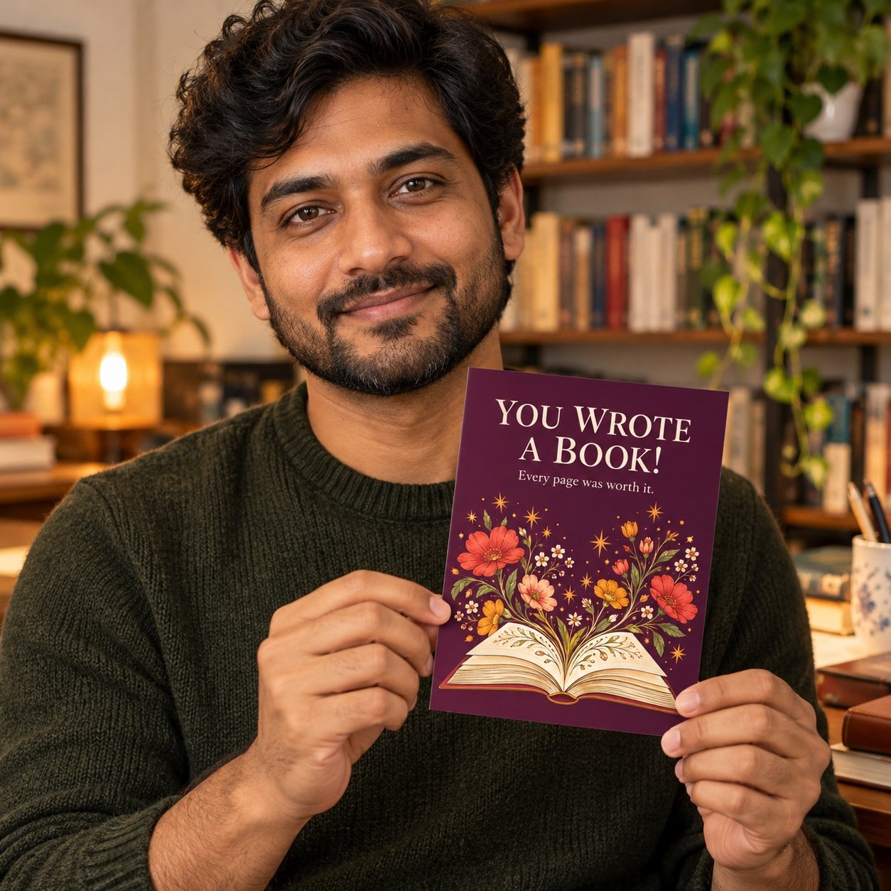 You Wrote a Book Author Congratulations Card held by an author